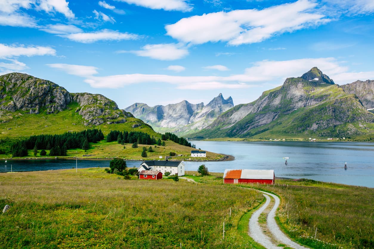 Svingete grusvei mot røde og hvite gårdshus ved en fjord med fjell i bakgrunnen, illustrasjon til artikkel om å oppheve veirett.