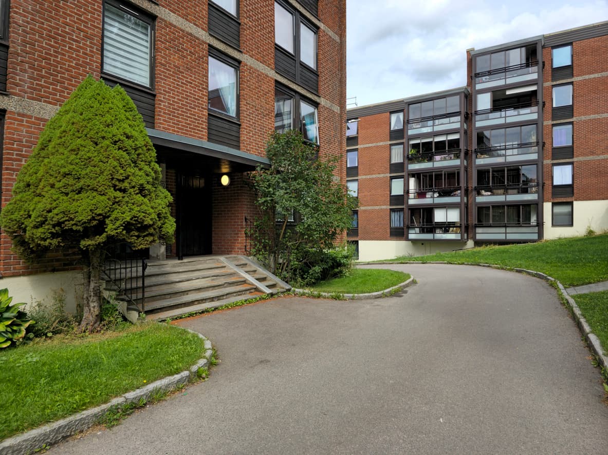 Moderne boligblokker med innglassede balkonger og høstfarget hekk foran plenen, brukt som illustrasjon i artikkel om regler for vedlikehold i borettslag.